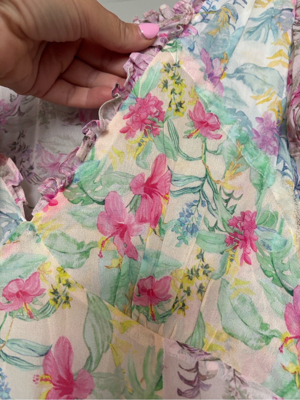 LOVESHACKFANCY Russ Silk Floral Print Mini Dress. Pink, Blue and Yellow print. - Picture 10 of 16